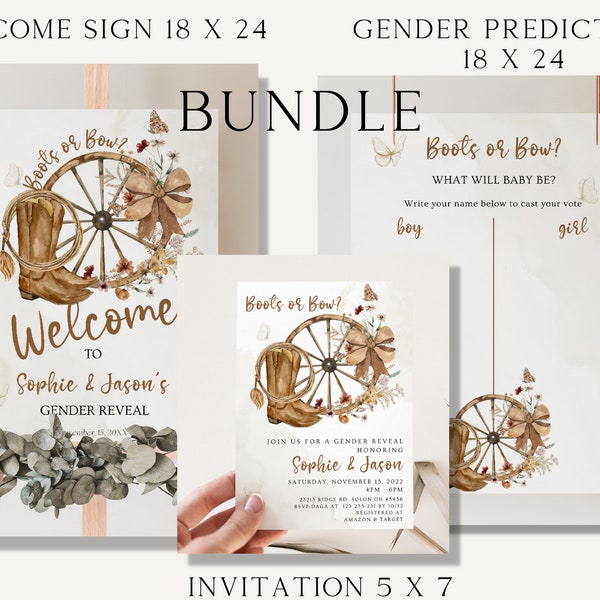 Boots or Bow Gender Invitation Package, Gender Invitation Bundle, Cowboy Gender Reveal, Gender Reveal Ideas INSTANT DOWNLOAD