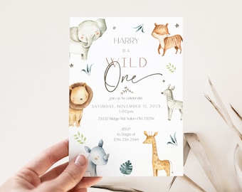 Safari First Birthday Invitation, Wild One Invitation, 1st Birthday Invite, Safari Animal Invitation, Jungle Animals Birthday, Editable
