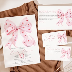 Rosa Bogen-Babyparty-Einladungs-Bundle, rotes Herz-Babyparty-Einladungs-Einladungs-Set-Vorlage, Windel-Zeichen, Buch, Valentinstag-Babyparty-Einladung,