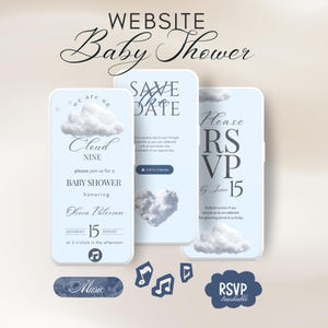 May include: A baby shower invitation design featuring three smartphone-shaped cards with cloud and music note graphics. The cards display text including "Baby Shower," "Cloud Nine," "RSVP," and "Save the Date." Additional elements include music note icons and a "RSVP trackable" badge.