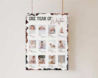 Poster photo première année de bébé, modèle de plaque photo premier anniversaire, bannière photo western 1er anniversaire, tableau modifiable année en images