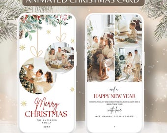 May include: Animated Christmas card with a white background and gold stars. The card features a red and white ornament with the text "Merry Christmas" and the names "The Anderson Family 20XX". The card also features a collage of photos of a family with a white background and the text "and a Happy New Year Wishing you joy and cheer this holiday season and a bright new year! with love Jake, Hannah, Oscar & Gabriel".