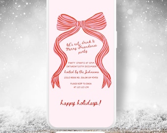 May include: A pink smartphone displays a holiday party invitation. The invitation features a pink bow with red stripes and the text "let's eat, drink & Merry Friendsnas party." Additional text includes party details and "happy holidays!"