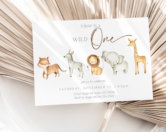 Safari First Birthday Invitation, Wild One Invitation, 1st Birthday Invite, Safari Animal Invitation, Jungle Animals Birthday, Editable