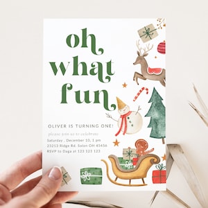 Christmas Birthday Invitation, Christmas Party Template, Boy First Birthday, Oh what fun, Printable,  Editable Invitation, INSTANT DOWNLOAD