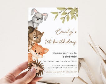 Woodland Animals Birthday Invitation, Printable Woodland Invitation, Forest Animals Birthday Party Invitation, Editable Template