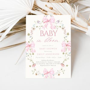 Pink Bow Baby in Bloom Baby Shower Invitation Baby in Bloom Baby Shower Invite  Coquette Baby Girl Pink Ribbon Baby Shower Invite Editable