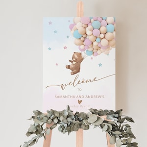 Teddy Bear Gender Reveal Welcome Sign Pink and Blue Bear Baby Shower Poster He or She Yard Sign Neutral Party Porch Door Sign