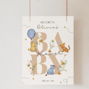 Modèle de panneau de bienvenue pour baby shower Winnie l'ourson modifiable affiche Winnie l'ourson affiche de fête Winnie l'ourson fête d'anniversaire ourson livres pour bébé