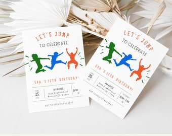 May include: A colorful invitation for a 12th birthday party with the text "Let's Jump to Celebrate Eva's 12th Birthday!" and a graphic of three children jumping. The invitation includes the date, time, location, and RSVP information.