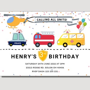 Calling all Units Birthday Invitation, Police Car Birthday Invitation, Car Invitation, Fire Engine  Birthday Invitation, Instant Download
