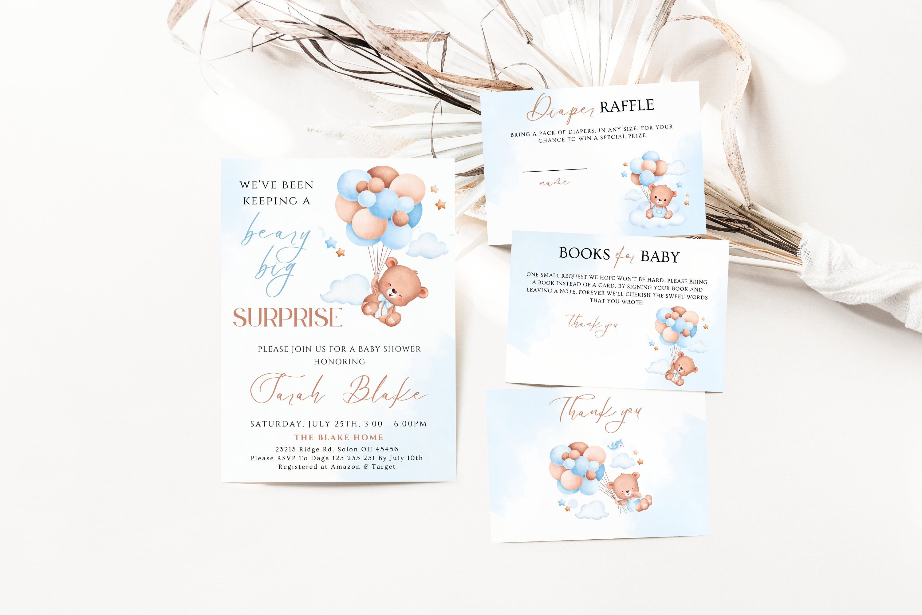 Blue Bear Balloons Baby Shower Invitation Set Template, Baby