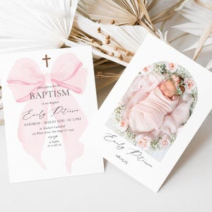 Rosa Schleife BAPTISM Einladung, erste Kommunion Einladungsvorlage, Mädchen Taufe Digitale Einladung, Rosa Kokette Taufe Laden ein, Foto