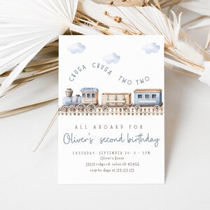 May include: A blue and brown train with white clouds and the text "CHUGA CHUGA TWO TWO" on a white background. The text below the train reads "ALL ABOARD FOR Oliver's second birthday". The invitation includes the date, time, address, and RSVP information.