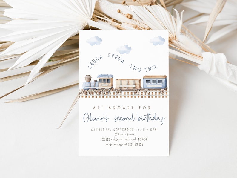 May include: A blue and brown train with white clouds and the text "CHUGA CHUGA TWO TWO" on a white background. The text below the train reads "ALL ABOARD FOR Oliver's second birthday". The invitation includes the date, time, address, and RSVP information.