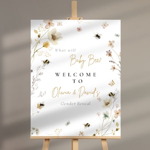 Letrero de bienvenida para revelar el género de una abeja bebé, póster de abejas melíferas, ¿qué hará la abeja bebé? Letrero de revelación de género para baby shower de género neutro Flor de revelación de género