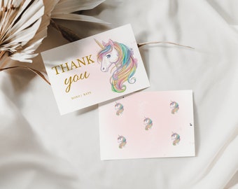 May include: Two thank you cards featuring a unicorn design. The first card has a large unicorn with a rainbow mane and tail. The second card has a pink background with smaller unicorns. The text on the first card reads "Thank you xoxo Kate".