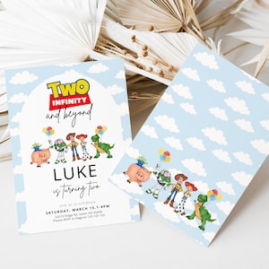 May include: Two Toy Story-themed birthday invitations. The invitations feature a light blue background with white clouds and the phrase "Two Infinity and Beyond." The name "Luke" is displayed, along with the text "is turning two." The invitations include the date, time, and location.
