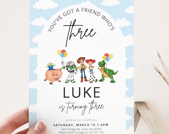 Tienes un amigo que tiene tres años Plantilla de invitación de cumpleaños, Cumpleaños de Toy Story, Woody y Buzz