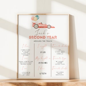 Race Car Birthday Milestone Sign, Second Birthday Stats Poster, Red Race Car second year party sign, Instant Download, Editable Template