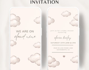 Animated Modern Cloud 9 Baby Shower Invitation Template, We&#39;re on Cloud Nine, Gender Neutral Cloud Baby Shower, Editable Baby Shower Evite