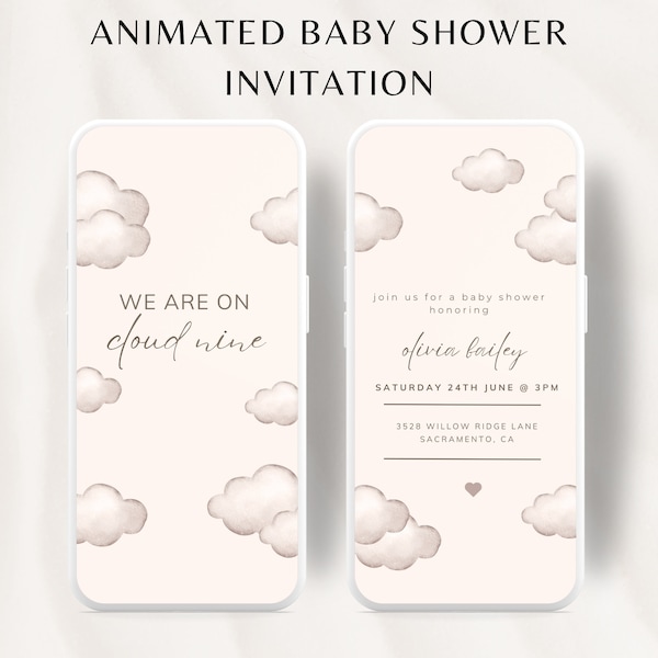 Animated Modern Cloud 9 Baby Shower Invitation Template, We're on Cloud Nine, Gender Neutral Cloud Baby Shower, Editable Baby Shower Evite