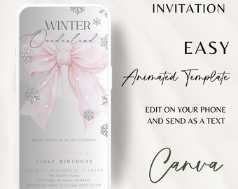 Pink Winter Onederland 1st Birthday Invitation: Animated Bow (Digital)
