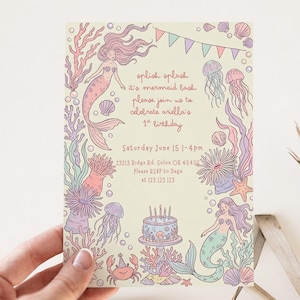 Plantilla de invitación de cumpleaños de sirena para niña, primera fiesta bajo el mar, invitación con temática oceánica, imprimible digital editable, fiesta de sirena para bebé.