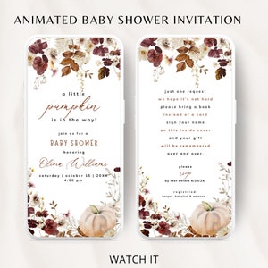 Animated  Pumpkin Fall Baby Shower Invitation Template, Autumn Baby Shower Invites Girl, Oh Baby , Little Pumpkin, Gender Neutral Party