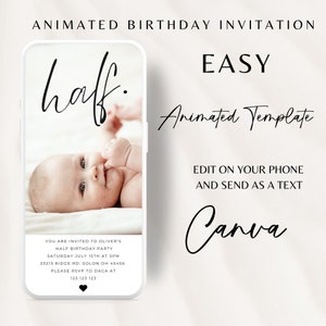 Animated Half Birthday Invitation Girl boy Half Birthday Invitation, 6 Months Party Invitation Stripes, , Photo Birthday Invite, Modern