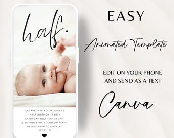 Animated Half Birthday Invitation Girl boy Half Birthday Invitation, 6 Months Party Invitation Stripes, , Photo Birthday Invite, Modern