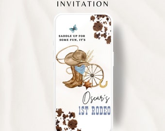 FIRST RODEO Invitation Template | Animated Wild West Birthday Invite, Boy Cowboy Birthday Invitation, Editable My 1st Rodeo Invitation