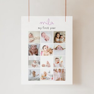 Baby&#39;s First Year Photo Poster, First Birthday Photo Sign Template, Minimalist 1st Birthday Photo Banner, Modern  Gender Neutral Sign