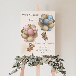Teddy Bear Gender Reveal Welcome Sign, Gender Reveal Welcome Sign, Gender Reveal Ideas, Hot Air Balloon Gender Reveal Party Decor, He Or She