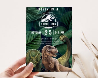 May include: Green dinosaur birthday party invitation with a green, blue, and black background. The invitation says "Kevin is a Three-Rex" and includes the date "October 25" and time "2-4 PM".