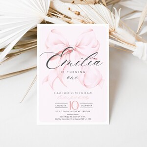 Pink Bow First Birthday Invitation , First Birthday Template Printable, Pink Coquette Bow Invitation 1st Birthday Girl Invite, Bow Invite