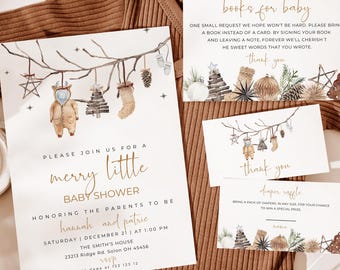 May include: A baby shower invitation with a winter woodland theme. The invitation features a watercolor illustration of a branch with a baby onesie, a small Christmas tree, and a sock hanging from it. The text reads "Please join us for a merry little baby shower honoring the parents to be Hannah and Patric Saturday December 21 at 1:00 PM The Smith's House 23213 Ridge Rd. Solon OH 45456 to RSVP at 123 123 12".