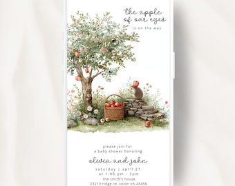May include: A baby shower invitation on a smartphone screen. The design features a watercolor illustration of an apple tree, a basket of apples, and a hedgehog. Text includes "WATCH IT", "the apple of our eyes is on the way", and event details for Olivia and John.