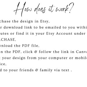 May include: A black and white text graphic with instructions on how to download and edit a design purchased on Etsy. The text reads: "How does it work? &bull; Purchase the design in Etsy, &bull; Your download link to be emailed to you within minutes or find it in your Etsy Account under PURCHASE, &bull; Download the PDF file, &bull; Open the PDF, click & follow the link in Canva, &bull; Edit your design from your computer or mobile device, &bull; Send to your friends & family via text."
