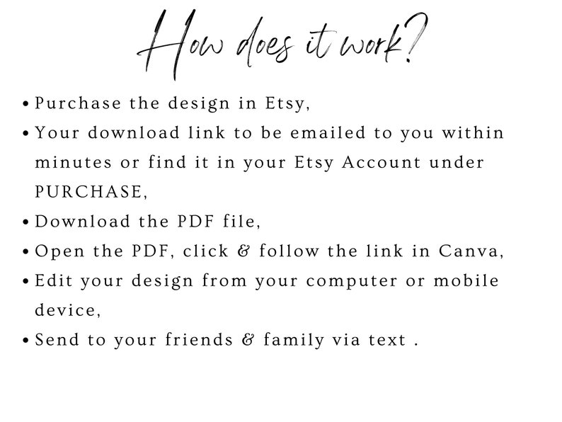May include: A black and white text graphic with instructions on how to download and edit a design purchased on Etsy. The text reads: "How does it work? &bull; Purchase the design in Etsy, &bull; Your download link to be emailed to you within minutes or find it in your Etsy Account under PURCHASE, &bull; Download the PDF file, &bull; Open the PDF, click & follow the link in Canva, &bull; Edit your design from your computer or mobile device, &bull; Send to your friends & family via text."