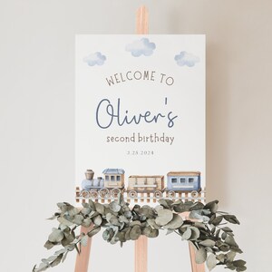 May include: A blue and white watercolor train with clouds and the text "Welcome to Oliver's second birthday 3.25.2024" on a white background.