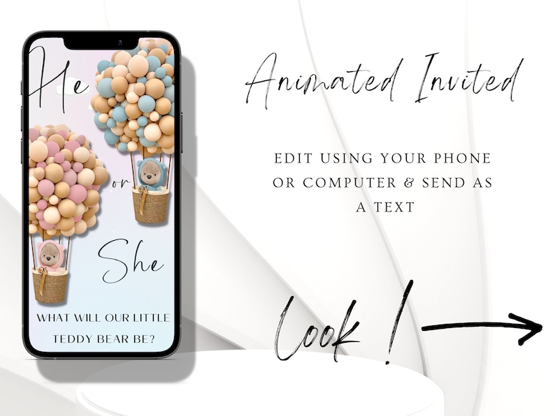 Gender Reveal Video Invitation, Phone Invite Canva, Teddy Bear Animated Invitation, Gender Reveal Ideas, He or She, Hot Air Balloon Invitie image 1