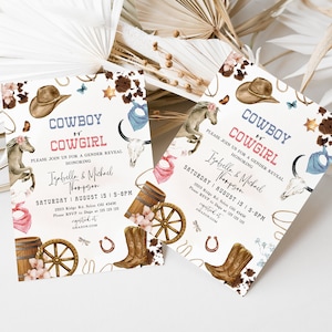 Convite para revelação do sexo do bebê, convite para revelação do sexo do bebê ocidental, convite para cowboy, convite para cowgirl, ele ou ela, menino ou menina, rosa ou azul