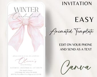 Pink Bow Winter Onederland 1st Birthday Invitation (Digital Template)