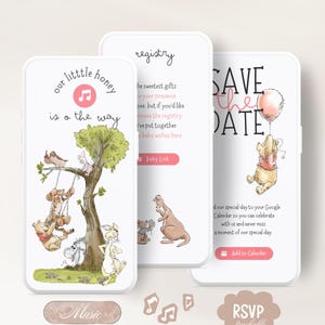 May include: Three mobile phone screens displaying a baby shower theme. The first screen has the text "our little honey is the way" with illustrations of Winnie the Pooh characters. The second screen says "registry". The third screen says "Save the Date".