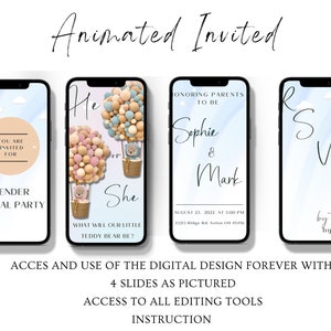 Gender Reveal Video Invitation, Phone Invite Canva, Teddy Bear Animated Invitation, Gender Reveal Ideas, He or She, Hot Air Balloon Invitie image 2