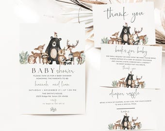 May include: A woodland-themed baby shower invitation with a watercolor illustration of a bear and other forest animals. The invitation includes the text "BABY shower", "PLEASE JOIN US FOR A BABY SHOWER", "HONORING THE PARENTS-TO-BE", "hannah and liam", "SATURDAY | NOVEMBER 21 | AT 1:00 PM", "THE SMITH'S HOUSE", "23213 Ridge Rd. Solon OH 44656", "RSVP", "to dege at 123 123 12".