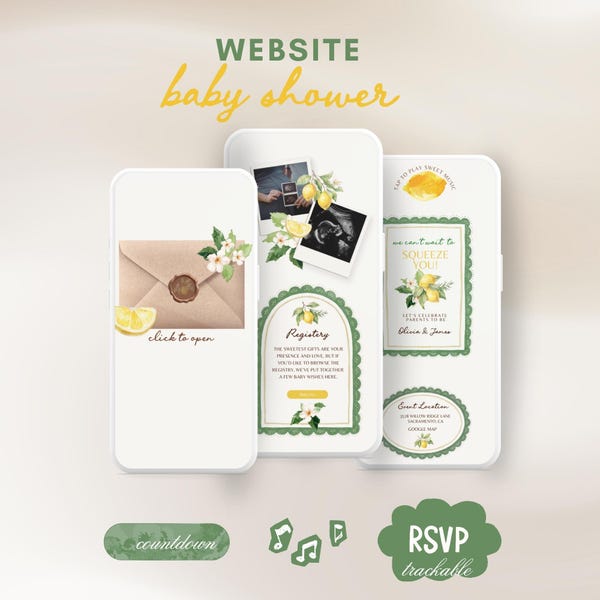 Lemon Baby Shower Website Template | Editable Baby Shower Lemon Theme Baby Shower | Mobile Invite We Can’t Wait to Squeeze You RSVP, Music