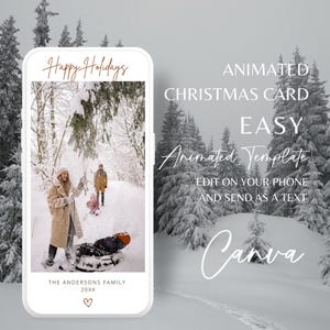 Plantilla de tarjeta navideña con foto animada, tarjeta navideña con foto, tarjeta navideña bohemia, tarjeta navideña minimalista, pareja neutral con felices fiestas