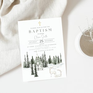 Modelo de convite de batismo de inverno, convite de batismo editável, Natal, convite de batismo de pinheiro, convite de batismo de inverno, vegetação